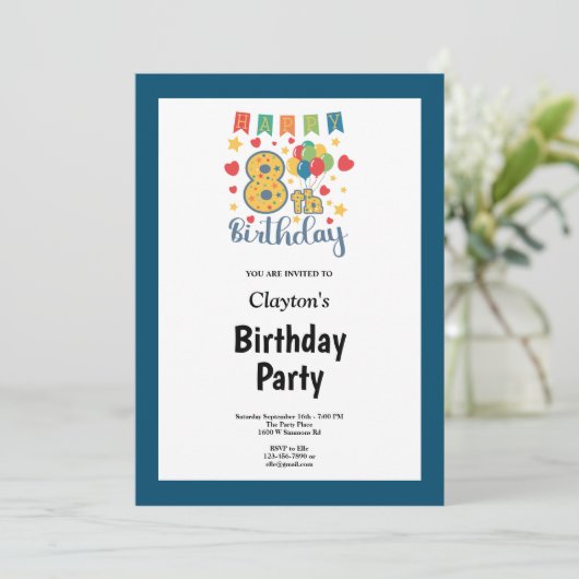 Blue Framed 8th Birthday Party Invitation Kaart (Staand voorkant)