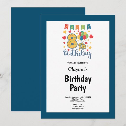 Blue Framed 8th Birthday Party Invitation Kaart (Voorkant / Achterkant)