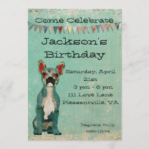 Blue French Bulldog Birthday Invitation Kaart