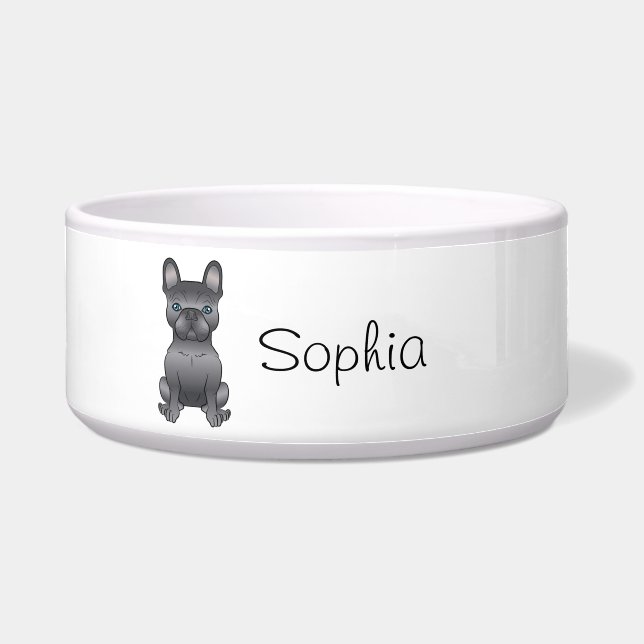 Blue French Bulldog / Frenchie Cartoon Dog & Name Voerbakje (Voorkant)
