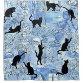 Blue French Cat Paris Cafe Shower Curtain Douchegordijn (Voorkant)