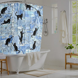 Blue French Cat Paris Cafe Shower Curtain Douchegordijn