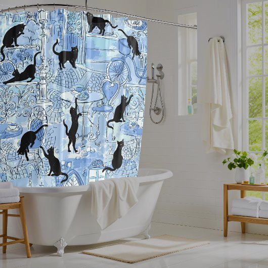 Blue French Cat Paris Cafe Shower Curtain Douchegordijn