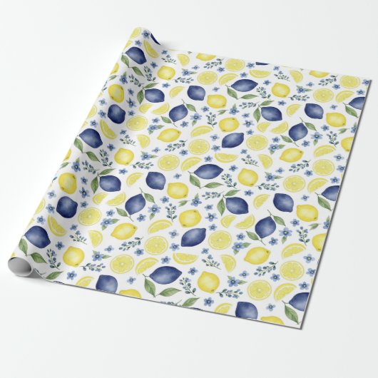 Blue French Country Lemon Pattern Cadeaupapier (Uitgerold)