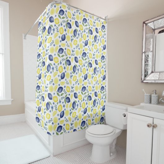 Blue French Country Lemon Pattern Douchegordijn (In situ)