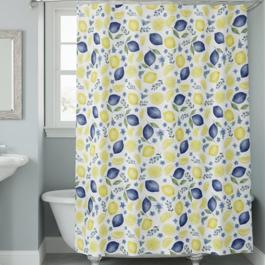 Blue French Country Lemon Pattern Douchegordijn
