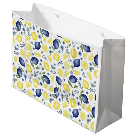 Blue French Country Lemon Pattern Groot Cadeauzakje (Voorkant Gekanteld)