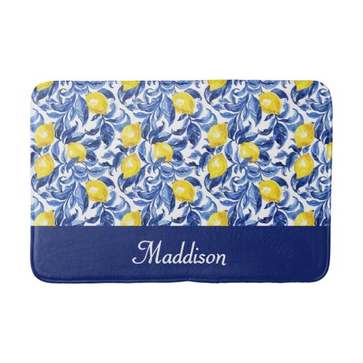Blue French Country Lemon Pattern Monogram Name Badmat (Voorkant)