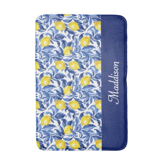 Blue French Country Lemon Pattern Monogram Name Badmat (Voorkant Verticaal)