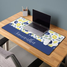 Blue French Country Lemon Pattern Monogram Name