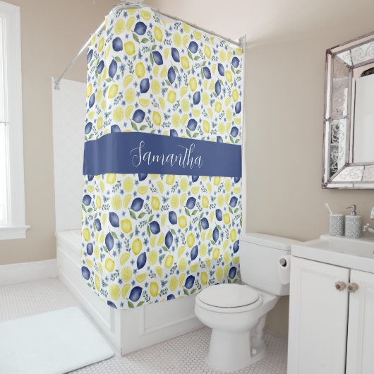 Blue French Country Lemon Pattern Monogram Name Douchegordijn (In situ)