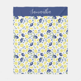 Blue French Country Lemon Pattern Monogram Name Fleece Deken