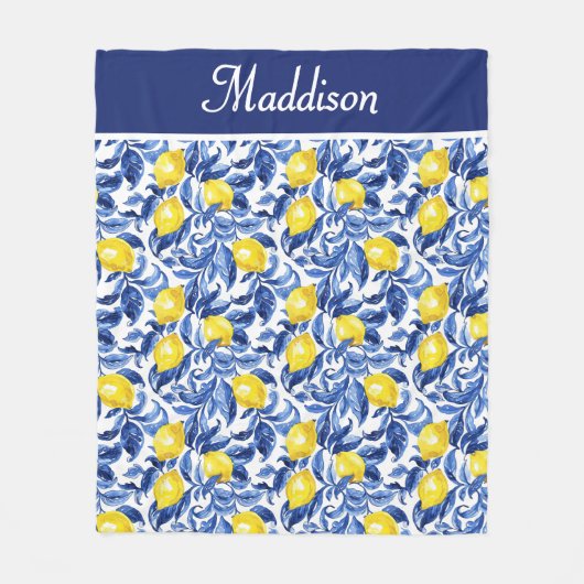 Blue French Country Lemon Pattern Monogram Name Fleece Deken (Voorkant)