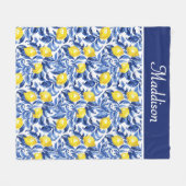 Blue French Country Lemon Pattern Monogram Name Fleece Deken (Voorkant (Horizontaal))