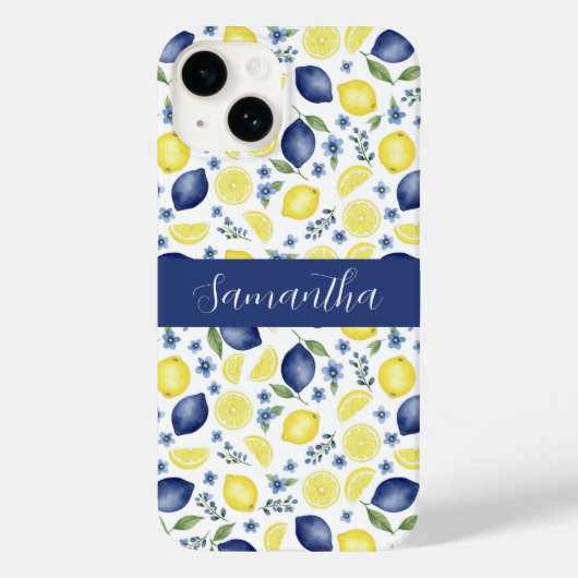 Blue French Country Lemon Pattern Name Case-Mate iPhone Case (Achterkant)
