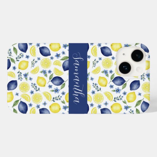Blue French Country Lemon Pattern Name Case-Mate iPhone Case (Achterkant (horizontaal))