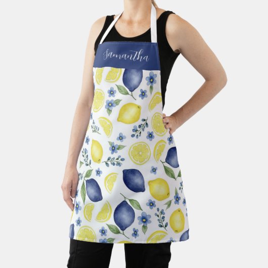 Blue French County Lemon Pattern Monogram Name Schort (Insitu)