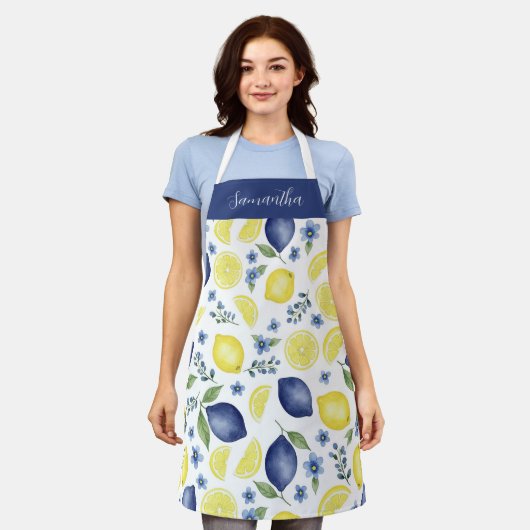 Blue French County Lemon Pattern Monogram Name Schort (Gedragen)