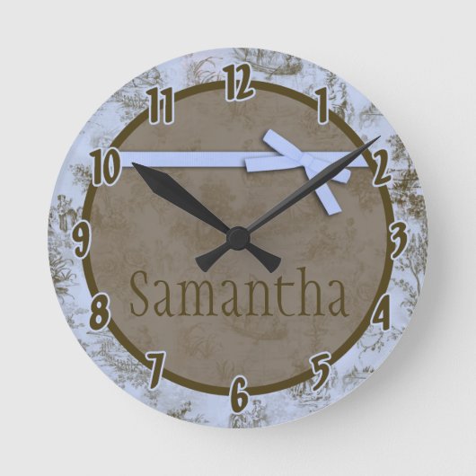 Blue French Fabric Toile Personalized Clock Ronde Klok (Voorkant)