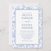 Blue French Floral Photo QR Code Toile Invitation Kaart (Voorkant)