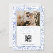 Blue French Floral Photo QR Code Toile Invitation Kaart (Achterkant)