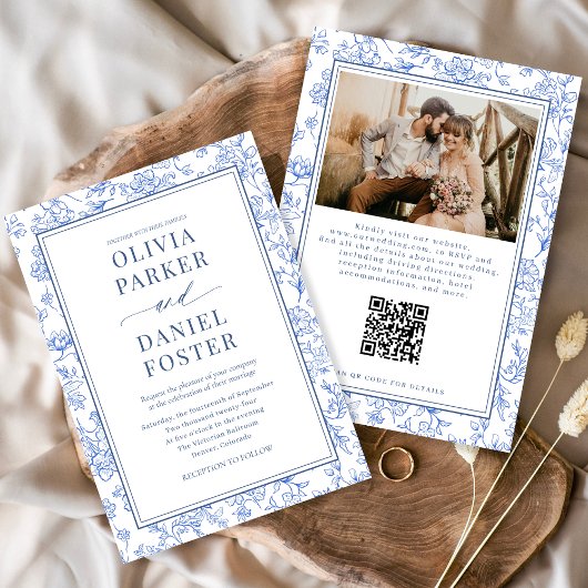 Blue French Floral Photo QR Code Toile Invitation Kaart