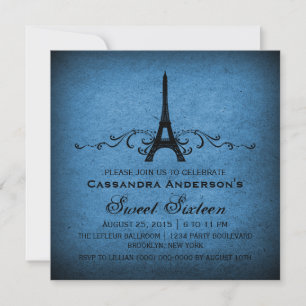 Blue  French Flourish Sweet 16 Invite Kaart