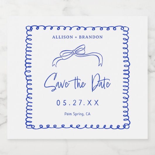 Blue French Save the Date WeduwMonogram Sparkling Wijnetiket (Enkel label)