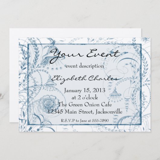 Blue French Toile Custom nodigt versie 2 uit Kaart (Voorkant / Achterkant)