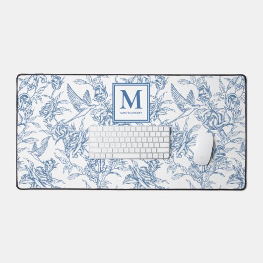 Blue French Toile Monogram Name Bureaumat (Keyboard & Muis)
