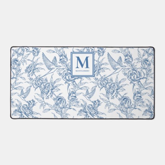 Blue French Toile Monogram Name Bureaumat (Voorkant)