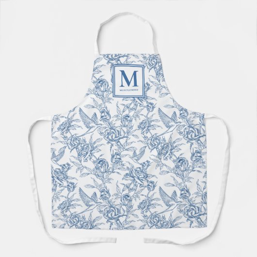 Blue French Toile Monogram Name Schort (Voorkant)