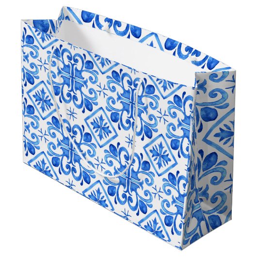 Blue French Toile Pattern Groot Cadeauzakje (Achterkant Gekanteld)