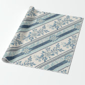 Blue French Vintage Floral Stripe Wrapping Paper Cadeaupapier (Uitgerold)