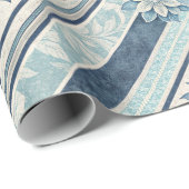 Blue French Vintage Floral Stripe Wrapping Paper Cadeaupapier (Rol Hoek)