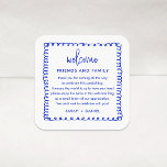 Blue French Wedding Welcome Gift Bag Vierkante Sticker<br><div class="desc">Welkomstcadeau voor Stickers met een tasje voor een blauwe bruiloft</div>