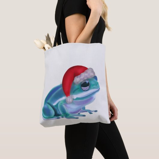 Blue frog with Santa hat. Tote Bag (Dichtbij)