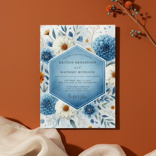 Blue Frosted Botanical Romance Wedding Kaart