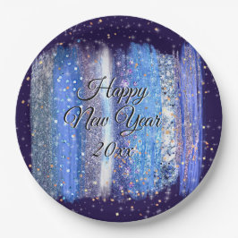 Blue Frosty Brush Strokes Happy New Year 20xx 9" Papieren Bordje