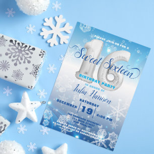 Blue Frozen Winter Wonderland Sweet 16 Birthday Kaart