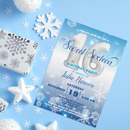 Blue Frozen Winter Wonderland Sweet 16 Birthday Kaart