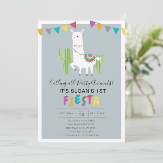 Blue Fun Llama Fiesta Birthday Party Kaart (Staand voorkant)