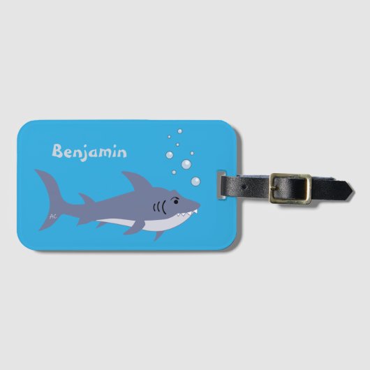 Blue Fun Shark Kind Bagagelabel met naam (Voorkant (horizontaal))