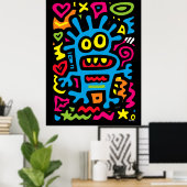 Blue Funky Alien - Neon Pop Art Quirky Monster Poster (Thuiskantoor)