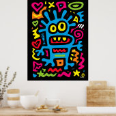 Blue Funky Alien - Neon Pop Art Quirky Monster Poster (Keuken)