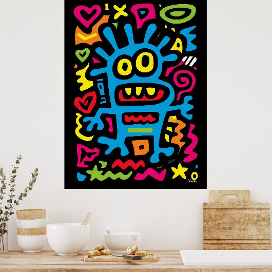 Blue Funky Alien - Neon Pop Art Quirky Monster Poster (Keuken)