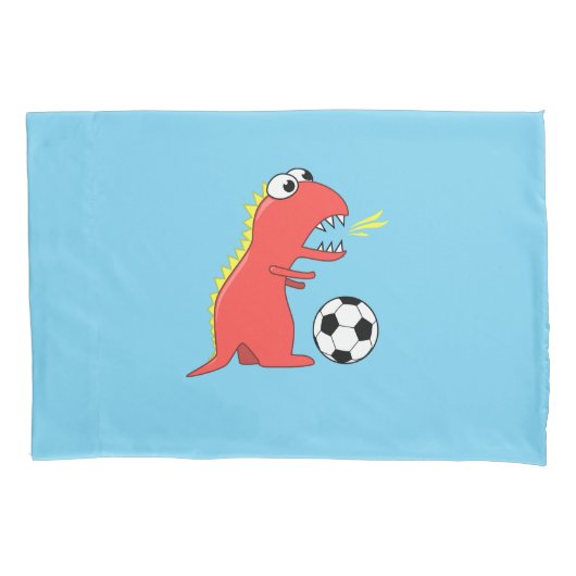 Blue Funny Cartoon Dinosaur Soccer Kussensloop (Voorkant)