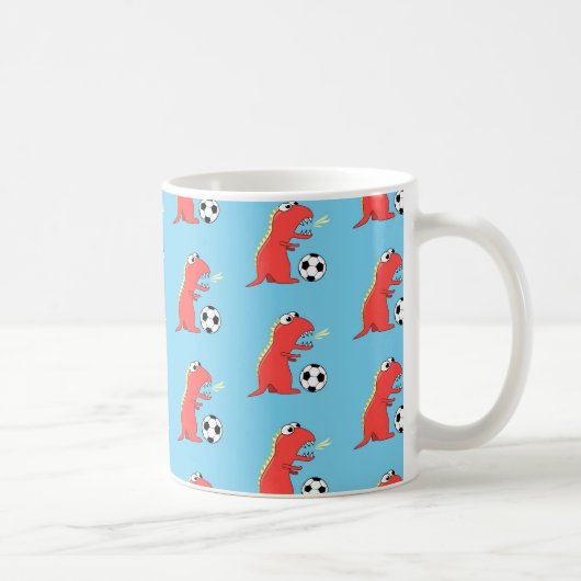 Blue Funny Cartoon Dinosaur Soccer Pattern Koffiemok (Rechts)