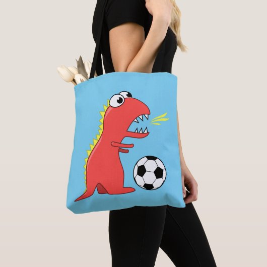 Blue Funny Cartoon Dinosaur Soccer Tote Bag (Dichtbij)