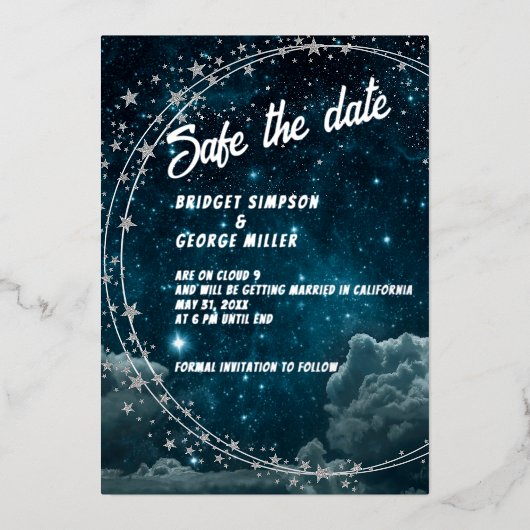Blue Galaxy Cloud 9 Bruiloft Veilig De datum Folie Uitnodiging (Voorkant)